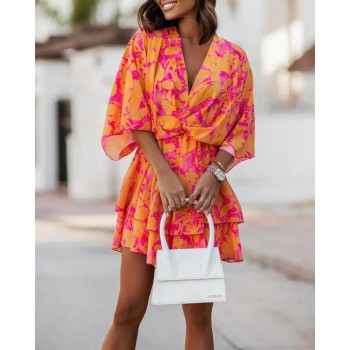 Bohemian Floral Print Double Layered Casual Dress Women Batwing Sleeve Beach Holiday